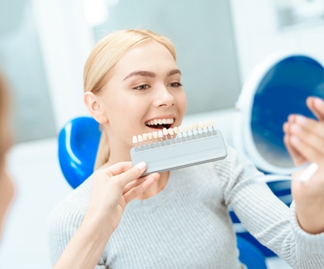 Woman's smile compared with porcelain veneer shades